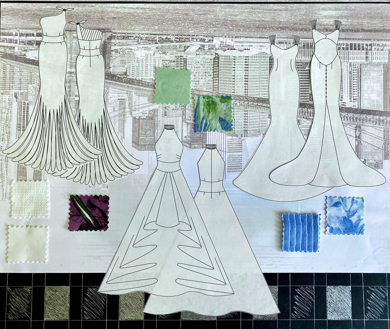 Mood board of evening gown sketches with fabric swatches